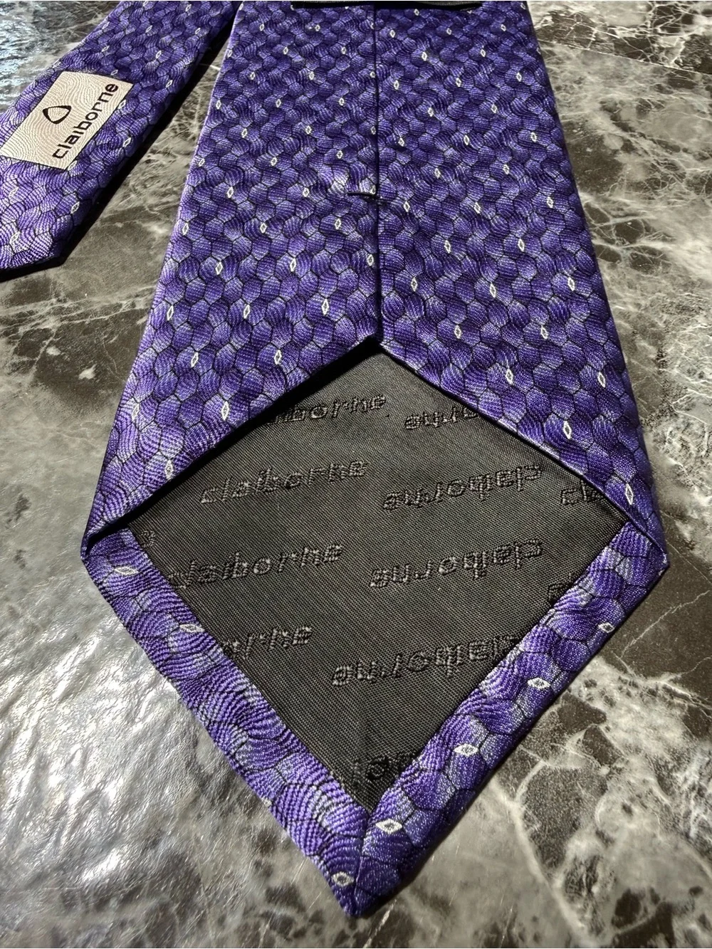 Claiborne 100% Imported Silk Purple Geometric Silk Tie- hand sewn